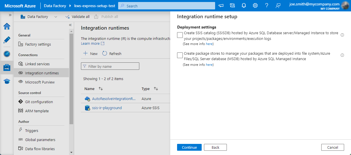 Create a new SSIS IR Instance - Deployment Settings